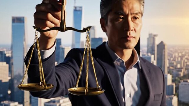 Man holding scales of justice city backdrop