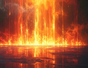 Vivid pillar of vibrant orange fire rising from a reflective surface, surrounded by smoky atmospheric conditions