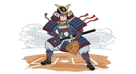 浮世絵風イラスト・野球のバッター・鋭い眼差しとスタジアム