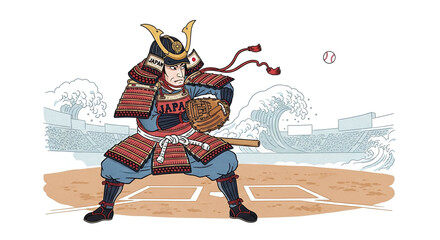 打席に立つ野球選手の浮世絵風全身図