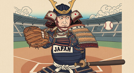 鋭い眼光でボールを見据える侍野球選手・浮世絵風イラスト