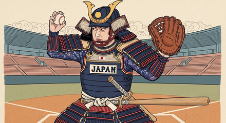 投球動作に入る甲冑姿の侍 浮世絵野球イラスト