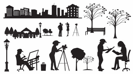 Silhouettes of artists and photographers at work in urban park