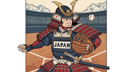 ボールを捕球する侍・浮世絵スタイルのイラスト