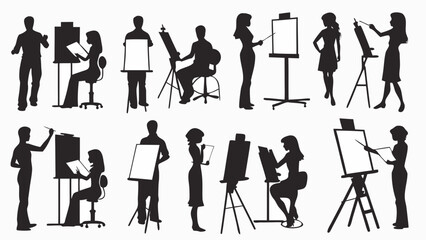 Silhouettes of artists and students engaged in creative activities with easels