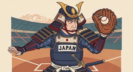 侍の格好をした野球選手・浮世絵イラスト