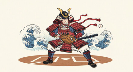 荒波を背に構える赤甲冑の侍野球選手・浮世絵イラスト