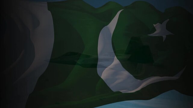 Pakistan military illustration. Pakistani Army with waving flag of Pakistan. Pakistan military Airforce in the sky Illustration.