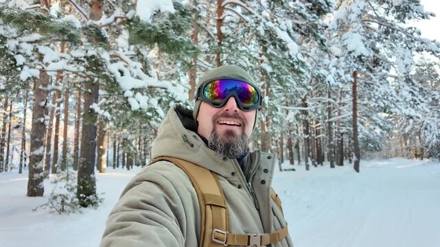 Adult man enjoying winter outdoor activities, hiking in a snowy forest, wearing ski goggles with colorful reflections, exploring nature