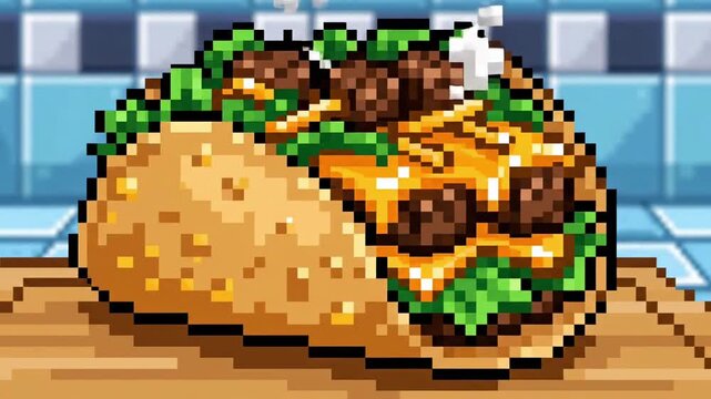 Pixel art illustration of a taco with meat and vegetables.
