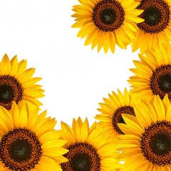 Vibrant sunflowers bloom around a white space, featuring rich yellows and browns in a natural, sunny composition