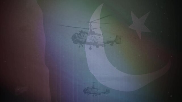 Pakistan military illustration. Pakistani Army with waving flag of Pakistan. Pakistan military Airforce in the sky Illustration.