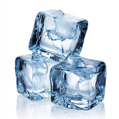 Three Clear Blue Ice Cubes on White Background