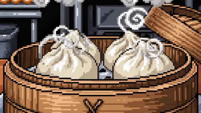 Steamed dumplings in a wooden steamer basket, pixel art illustration.