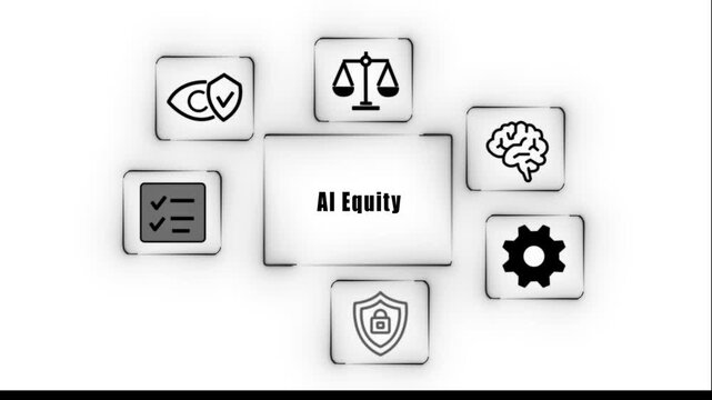 Ai equity concept with icons for ethics security, compliance law and machine learning technology for responsible artificial intelligence implementation and regulation
