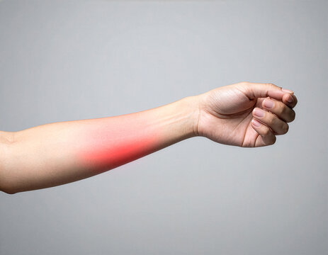 Close-up of a human arm with a red inflamed area indicating pain or irritation