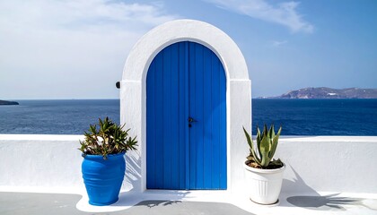 Vibrant Blue Doorway Archway Overlooking Aegean Sea in Santorini Greece. © gilang