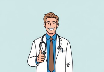 Fototapeta premium Smiling medical practitioner wearing a white coat and stethoscope gives a thumbs up gesture