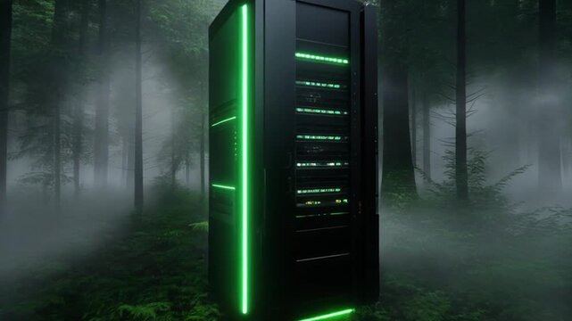 A futuristic server in a misty forest, with neon green lights illuminating its sleek design amidst fog and trees
