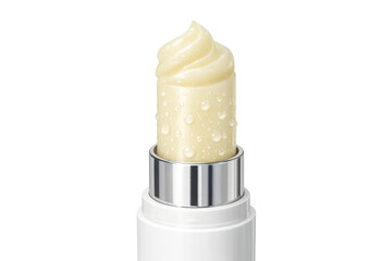 Hydrating lip balm stick with water droplets for moisturizing and skincare concept on transparent background