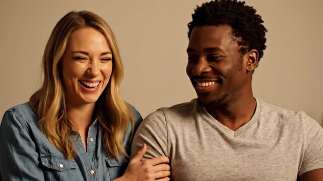 A cheerful diverse couple shares a genuine laugh, looking at each other with affection and happiness. Their bond is evident in this heartwarming moment.