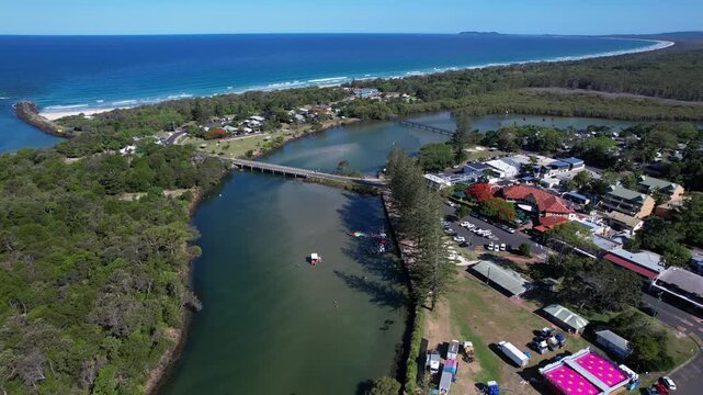 Brunswick Heads Bridge And The Footbridge Over Simpsons Creek - Brunswick Heads, New South Wales, Australia. - aerial shot