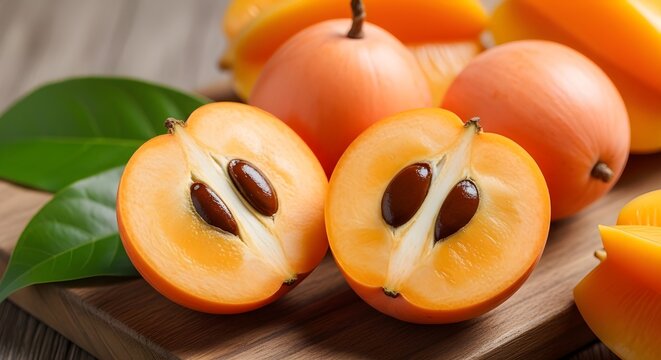 Fresh Ripe Canistel Eggfruit Cut in Half with Orange Flesh on Wooden Table
