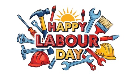 Fototapeta premium Vibrant labour day graphic with tools and text