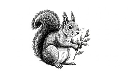 Detailed Illustration of a Squirrel Holding a Small Branch. © Kirana
