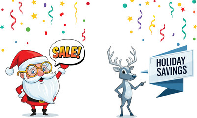 Santa Claus cartoon, reindeer illustration, holiday sale banner, festive confetti, Christmas discount, seasonal promotion, cheerful characters, winter celebration, marketing design © MDALRAFIN