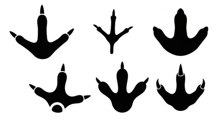 Set of six black dinosaur footprints on white background. © Handik