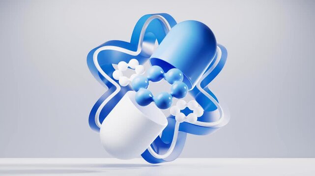Medical capsule opening to reveal blue spheres within a star shape motion graphics