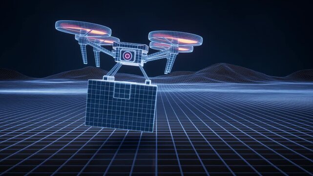 A dynamic 3d animation of a drone delivering a package, showcasing futuristic technology and efficient logistics with a wireframe design over a grid landscape