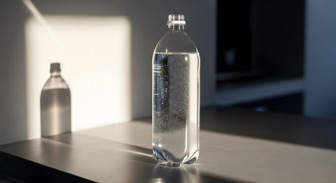 Clear plastic bottle with water droplets on a reflective surface under sunlight. 2 liter soda