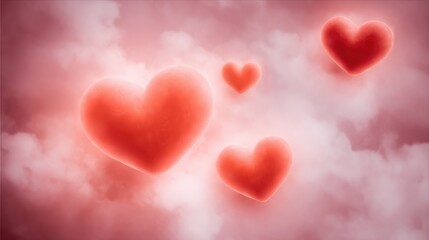 Obraz premium Soft Red Hearts Floating Among Gentle Pink Clouds in a Dreamy Atmosphere for Romantic or Valentine's Day Themes
