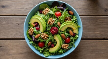 Vibrant top-down view of a fresh, healthy salad in a blue bowl on a wooden surface