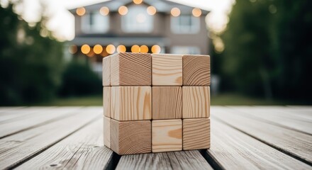 Wooden blocks assembled in a cube shape on a wood table, house and lights blurred in background