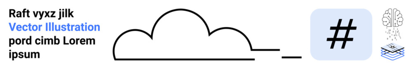 Obraz premium Minimal cloud line art with metadata tag, brain, and water icons suggesting technology, innovation. Ideal for cloud computing, networking, AI concepts, digital innovation, connectivity futuristic