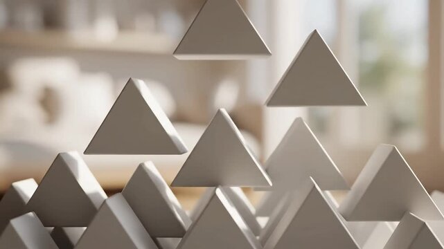 Abstract geometric arrangement of white triangular blocks creating a mountain range effect against a blurred background evoking concepts of growth stability and modern design