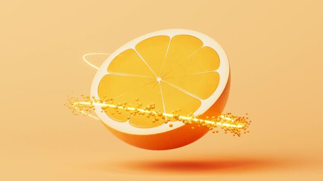 A dynamic 3d animation of a vibrant orange slice with glowing particles and an energetic light trail circling around its juicy surface