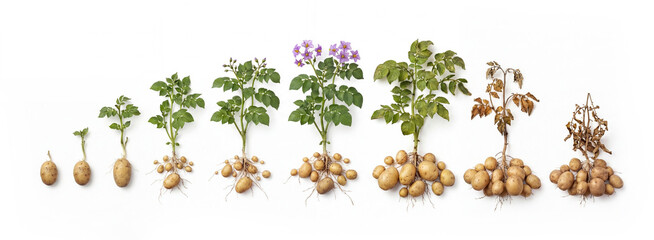 Potato plant growth cycle Solanum tuberosum. Photorealistic growth sequence. Development stages. Visible tuberous roots.