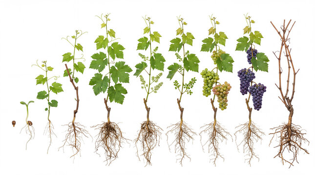 Grape vine growth cycle Vitis vinifera. Photorealistic growth sequence. Development stages. Visible roots.