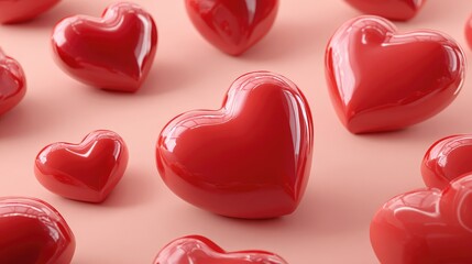 Obraz premium Collection of Glossy Red Heart Shapes on Soft Pink Background Ideal for Romantic or Love Themes in Graphic Design and Marketing Campaigns
