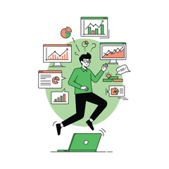 A man jumping in front of a laptop with graphs and charts floating around him