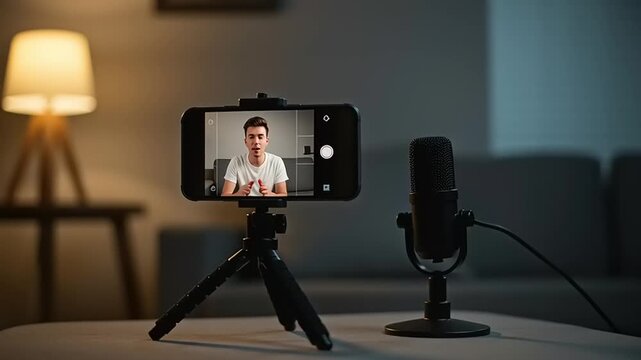 Smartphone on tripod recording video with microphone.