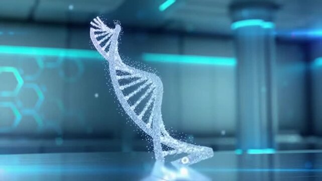 DNA double helix model rotating in futuristic laboratory with blue neon lights