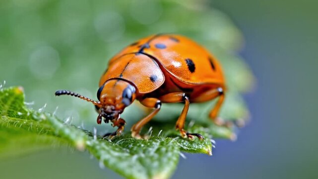 Orange beetle with black spots on green leaf closeup