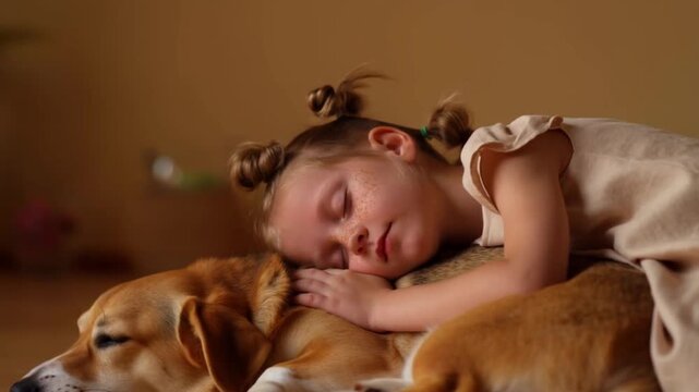A sleeping girl with freckles rests her head on her sleeping corgi in an embrace with a soft bokeh background in warm low light, concept of ultimate peace, safety and unconditional love