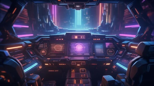 Futuristic spaceship cockpit interior with neon-lit controls and screens displaying data, set in a dark galaxy background