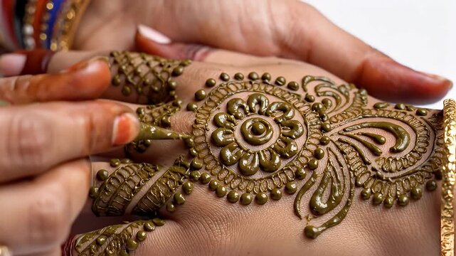 Artist applying intricate henna design on womans hand with bangles.